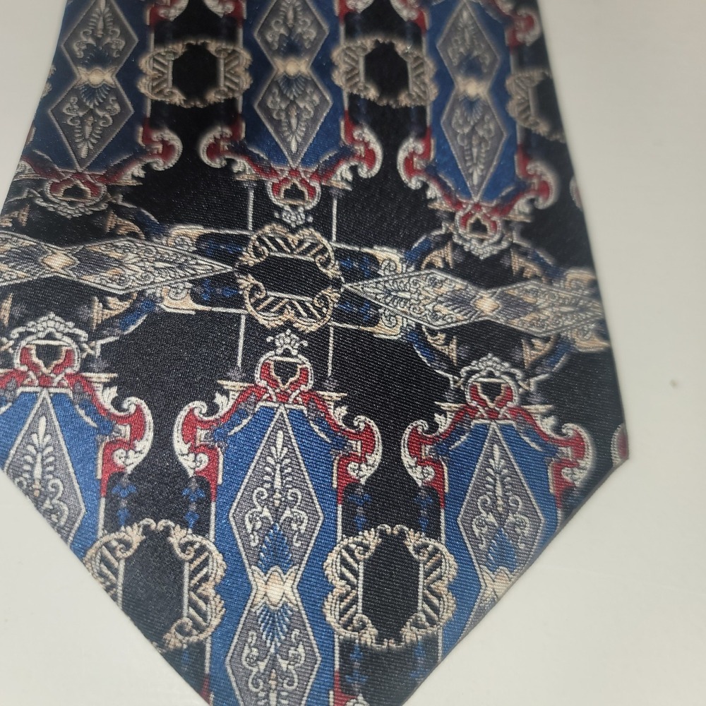 Vintage Bill Blass Signature Mens Necktie Elegant Geometric Pattern Navy Blue
